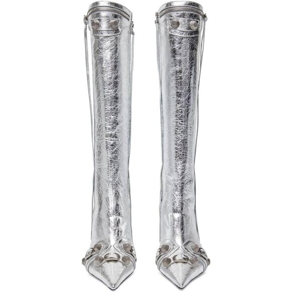 Women's Faux Leather Silver Stiletto Knee High Pointed Toe High Heel Zipper Boot - Picture 3 of 7